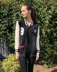 Fluffy cardigan style bomber jacket with patch (BLACK)