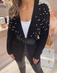 Cardigan with pearl embellishment on shoulder in black