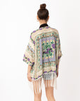 Floral Scarf Print Cotton Fringe Kimono Top (PURPLE)