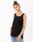 Front Chiffon Lace back Chain Neck Line Detail Vest Top(BLACK)
