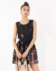 Floral jewelry print silky skater dress (BLACK)
