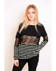 Stripe Print with Lace Bust Design Top (BLACK)