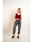 Leaves print elasticated waist Cotton Trousers (BLACK)