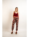 Floral print elasticated waist Cotton Trousers (BLACK)
