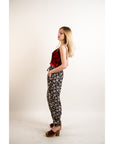 Leaves print elasticated waist Cotton Trousers (BLACK)