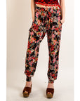 Floral print elasticated waist Cotton Trousers (BLACK)