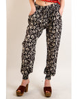 Leaves print elasticated waist Cotton Trousers (BLACK)