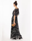 Black gery Print Chiffon Wrap Maxi Dress