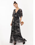 Black gery Print Chiffon Wrap Maxi Dress