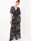 Black gery Print Chiffon Wrap Maxi Dress