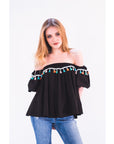 Off shoulder multicolor tasseled trim top (BLACK)