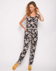 Floral print cotton tassel vest top and trousers suits co-ords (BLACK)