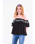 Off shoulder multicolor tasseled trim top (BLACK)