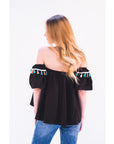 Off shoulder multicolor tasseled trim top (BLACK)