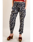 Leaves print elasticated waist Cotton Trousers (BLUE)