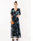 Black floral Print Chiffon Wrap Maxi Dress