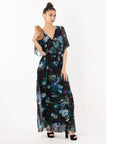 Black floral Print Chiffon Wrap Maxi Dress