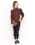 Gathered sleeves soft knit plain color Jumper