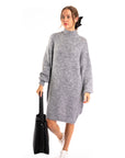 Super Soft Fine Knit Plain Color Funnel Neck Long Jumper in Grey