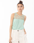 Feather Organza Cotton Vest Top ( GREEN)