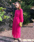 Long sleeves Pleated Maxi Dress (Hot Pink)