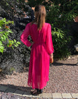 Long sleeves Pleated Maxi Dress (Hot Pink)