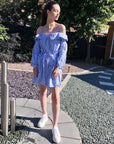 Eyelash Embroidery Blue Stripe Cold Shoulder Dress (Light Blue )