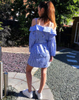 Eyelash Embroidery Blue Stripe Cold Shoulder Dress (Light Blue )