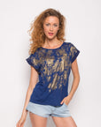 Gold Color Print T-shirt (NAVY)