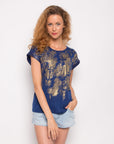Gold Color Print T-shirt (NAVY)