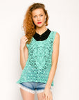 Floral Pattern Green Crochet Vest Top