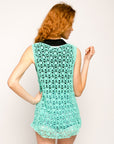Floral Pattern Green Crochet Vest Top