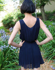 Navy chiffon pleated short dress