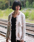 White pink Color Tweed Effect Knitted short Cardigan Jacket