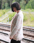 White pink Color Tweed Effect Knitted short Cardigan Jacket
