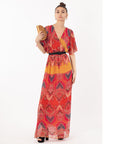 Lady Red Paisley Print Chiffon Wrap Maxi Dress