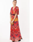 Lady Red Paisley Print Chiffon Wrap Maxi Dress