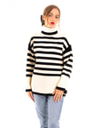 Soft Knit Striped roll-neck design cozy wool-blended jumper in white