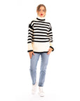 Soft Knit Striped roll-neck design cozy wool-blended jumper in white