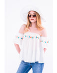 Off shoulder multicolor tasseled trim top (WHITE)