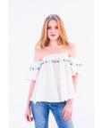 Off shoulder multicolor tasseled trim top (WHITE)