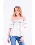 Off shoulder multicolor tasseled trim top (WHITE)