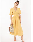Check print Cotton Blend Puff sleeves midi dress in Yellow