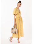 Check print Cotton Blend Puff sleeves midi dress in Yellow
