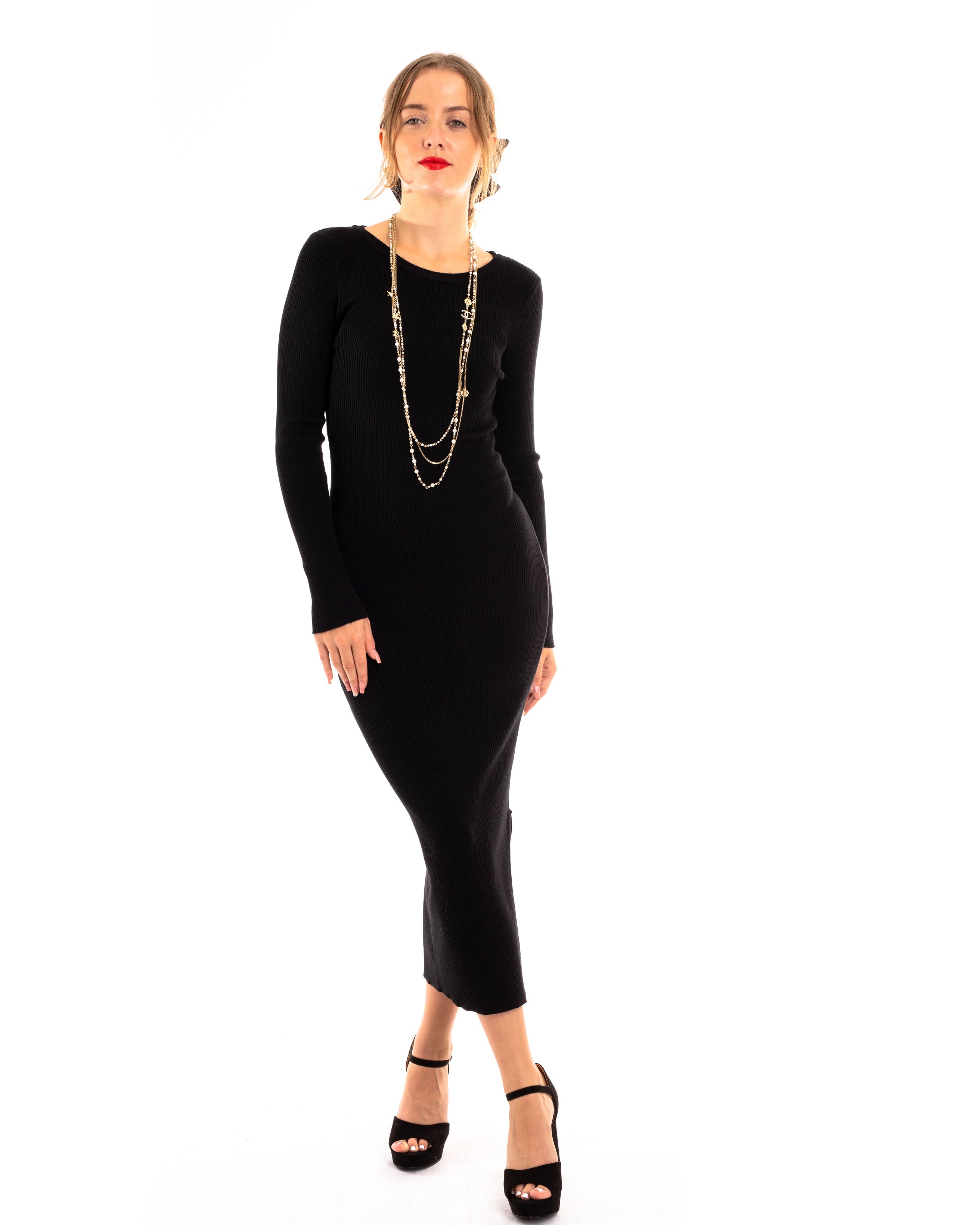 strapless open back dress Black | Sleeveless Pointelle & Rib Midi Dress main image 0