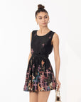 Floral jewelry print silky skater dress (BLACK)