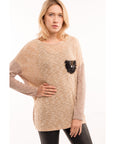 Tweed effect and color block Jumper top (Light Brown)