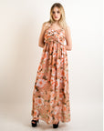 Floral print Chiffon Pleated Bust & Sweetheart Neckline Maxi Dress