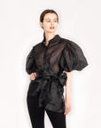 Organza shirt with big bow belt design in Black