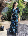 Black floral Print Chiffon Wrap Maxi Dress